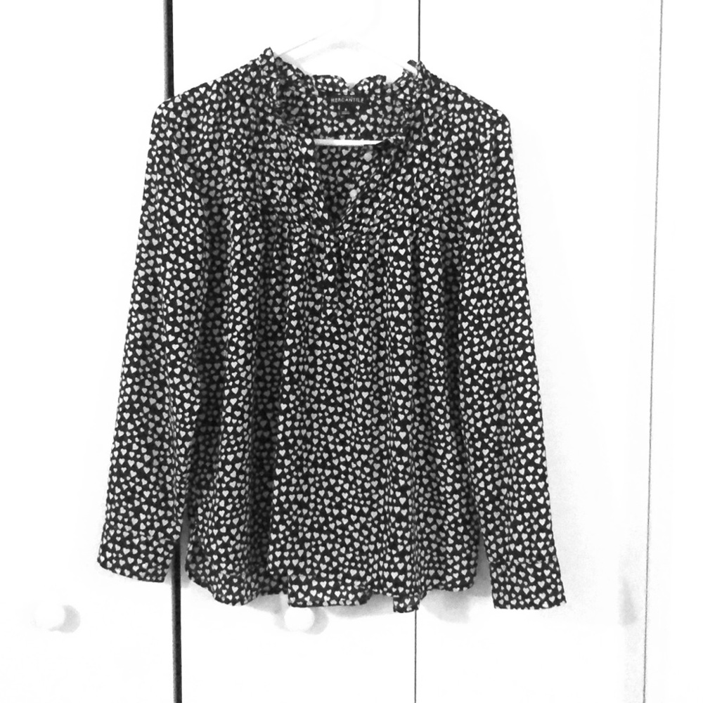 J. Crew Mercantile Black/White Heart L/S Blouse